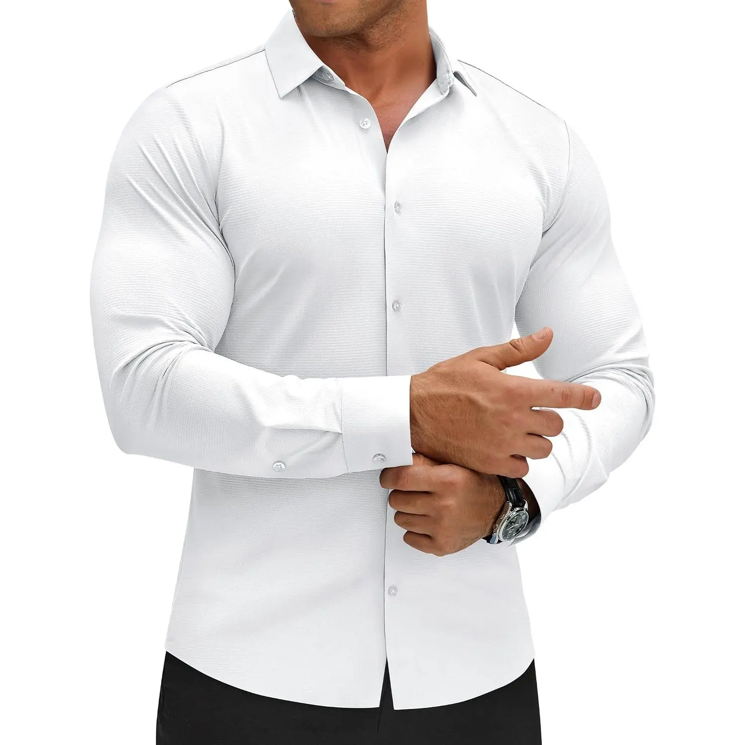 Lion Nardo Premium Menswear Dress Shirt - Slim Fit, Muscle Performance, Stretch Long Sleeve, Wrinkle Free, Textured Button Down Tops with Nylon Sweat-Wicking Fabric