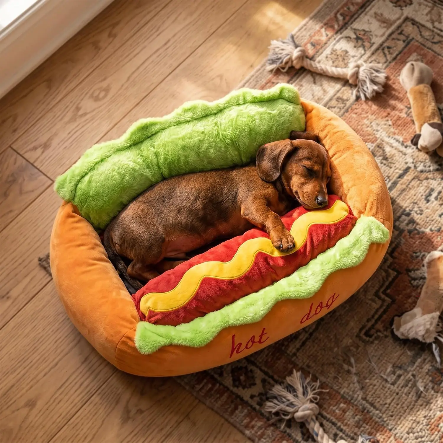 Hot Dog Dog Bed, Cute Hot Dog Bed for Dachshund, Detachable and Washable | Soft Plush Dog Bed with Non Slip Bottom, Cozy Indoor Nest for Cats and Dogs