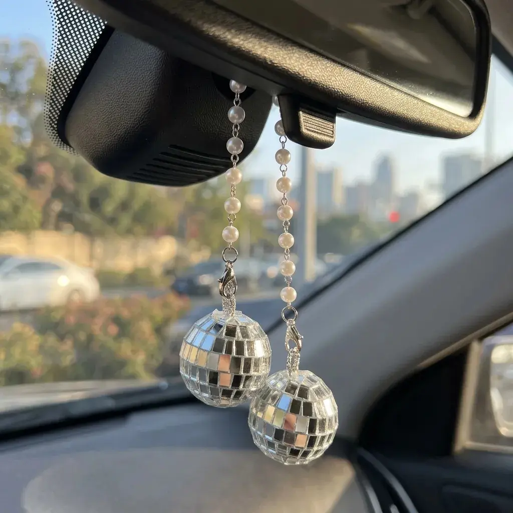 Shiny Disco Ball Car Rearview Mirror Ornament, Sun Refraction Dual Light Ball, Car Decor, Interior Accessory, Lucky Charm Pendant, Car Ornaments