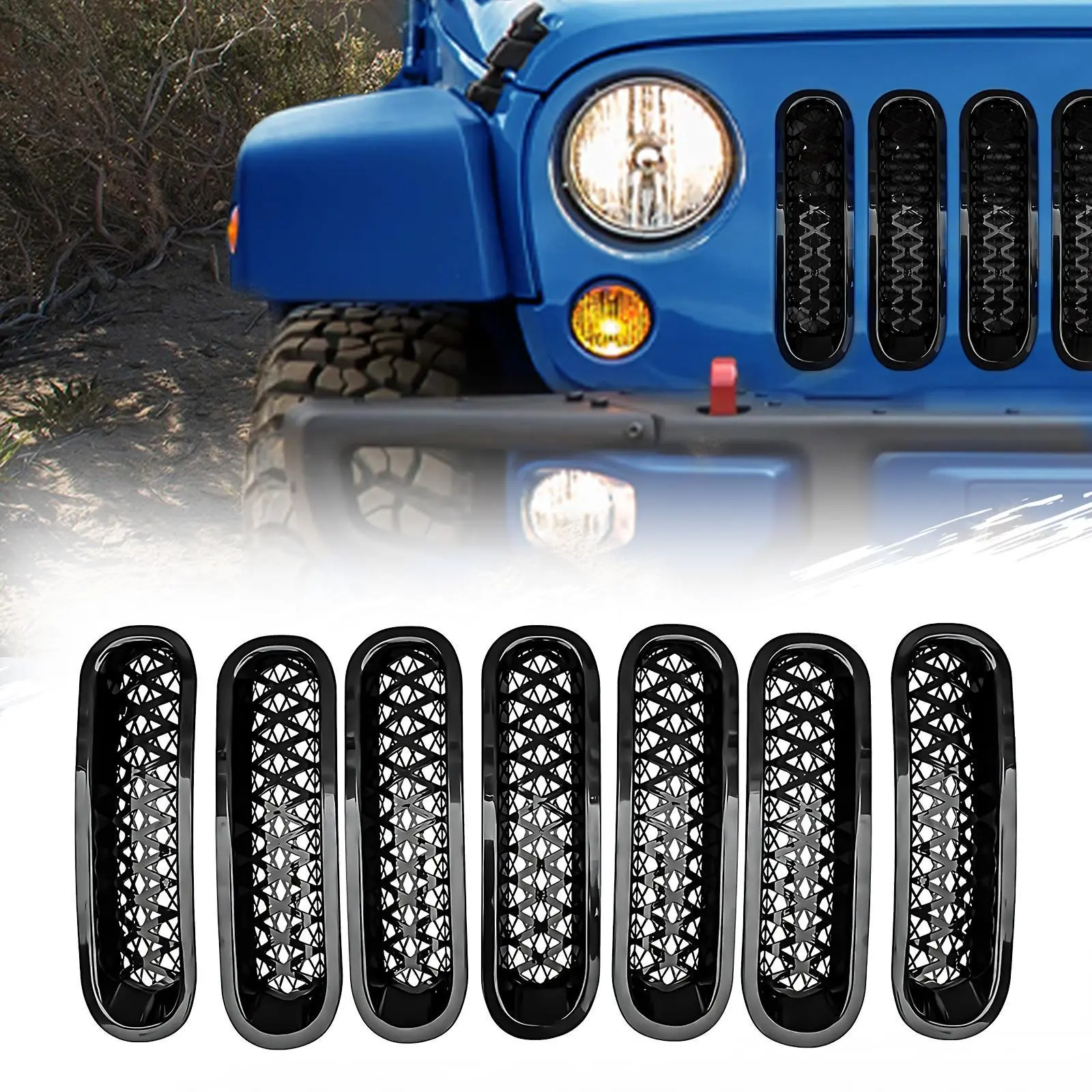 【YZONA】7PCS Grille Mesh Inserts Compatible with 2007-2018 Jeep JK Wrangler & Unlimited Wrangler Accessories, Front Grille Cover, Car Grille Mesh (7PCS Matte Black)