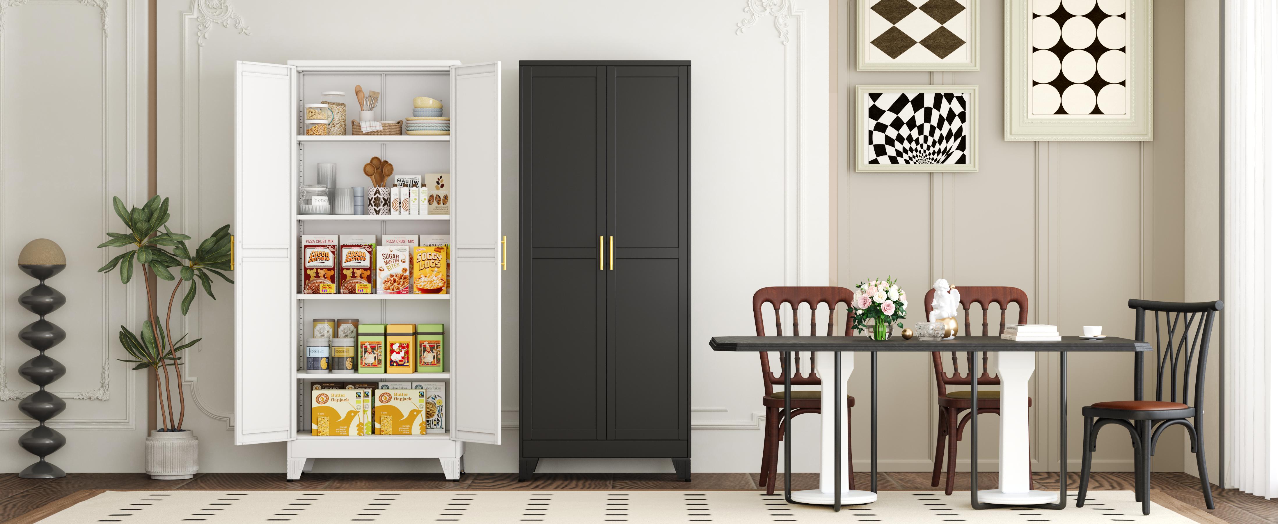 Metal Pantry Cabinet with 2 Doors and Adjustable Shelves - 71" Kitchen Storage Cabinet with Gold Handles - Versatile Storage for Kitchen, Bathroom, Dining Room, Utility Room - White
