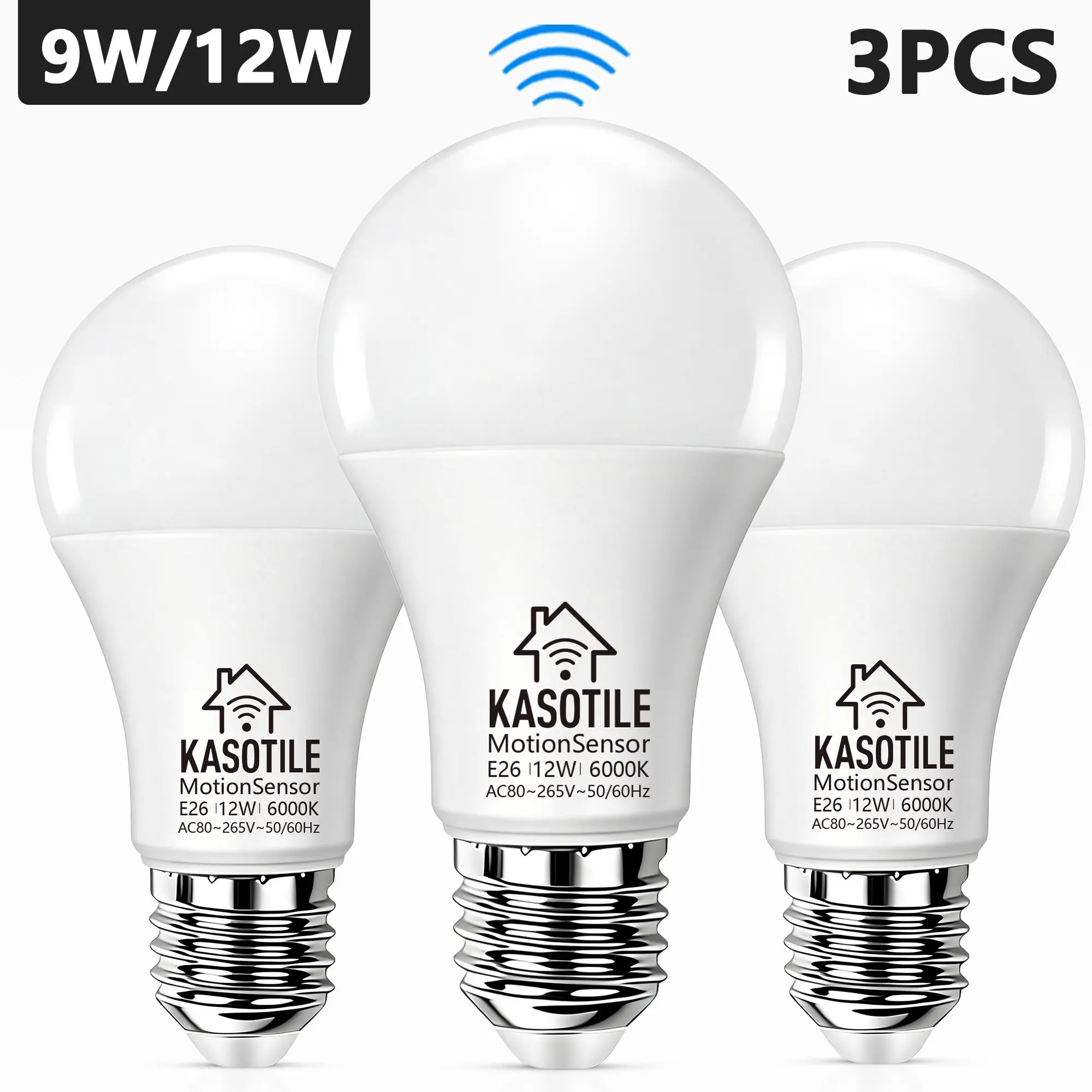 Kasotile Radar Motion Sensor LED Bulb, 9w 12w, 3000k/6000k, E26/e27 Base, Indoor Outdoor Lighting, Automated Lighting, Hands-Free Convenience, Energy Efficient
