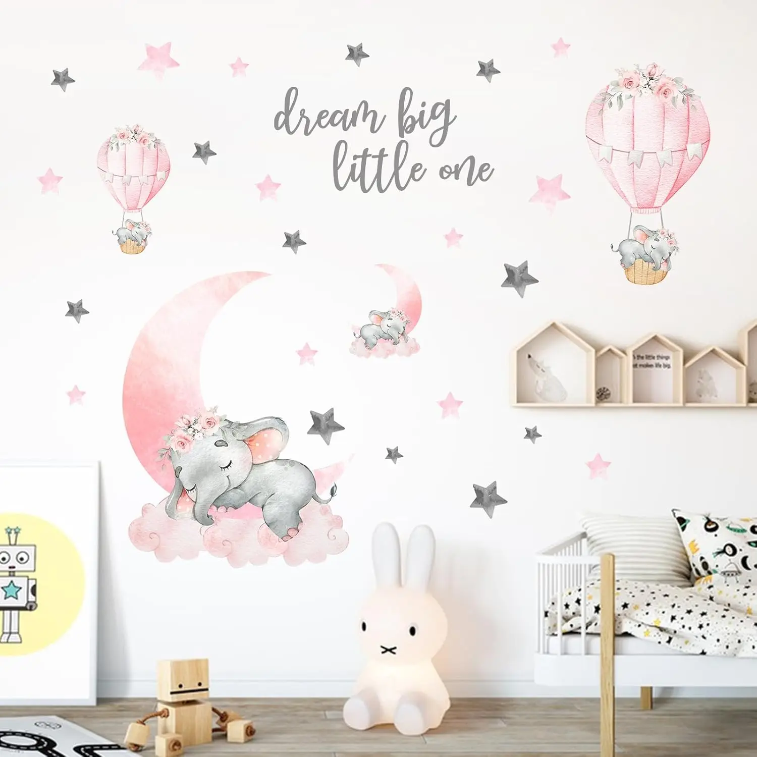 Girls Sleeping Elephant Dream Big Little One Nursery Wall Decals Stickers, Watercolor Pink Moon Hot Air Balloon Grey Star Crib Decor, Home Baby Shower Toddler Room Decorations Kids Bedroom Art