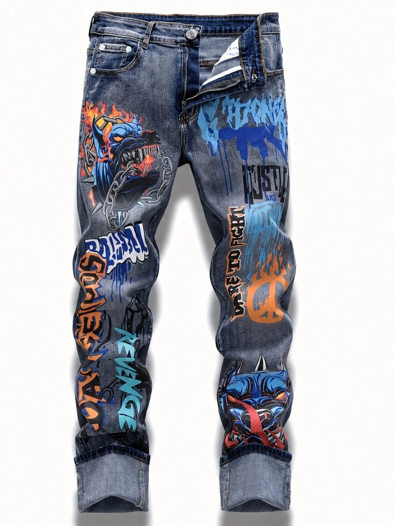 European and American Printed Graffiti Distressed Washed and Distressed Jeans Men Jeans Para Hombre Wolf