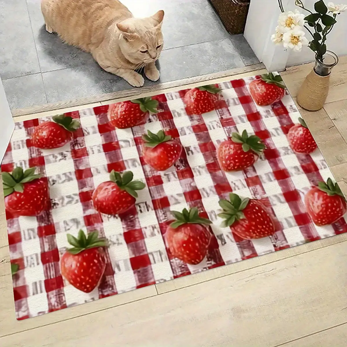 Flannel Floor Mat 1 piece strawberry pattern doormat - flannel kitchen mat, entryway mat, bedroom, living room, garden, bathroom floor mat, home room decorative carpet, patio mat