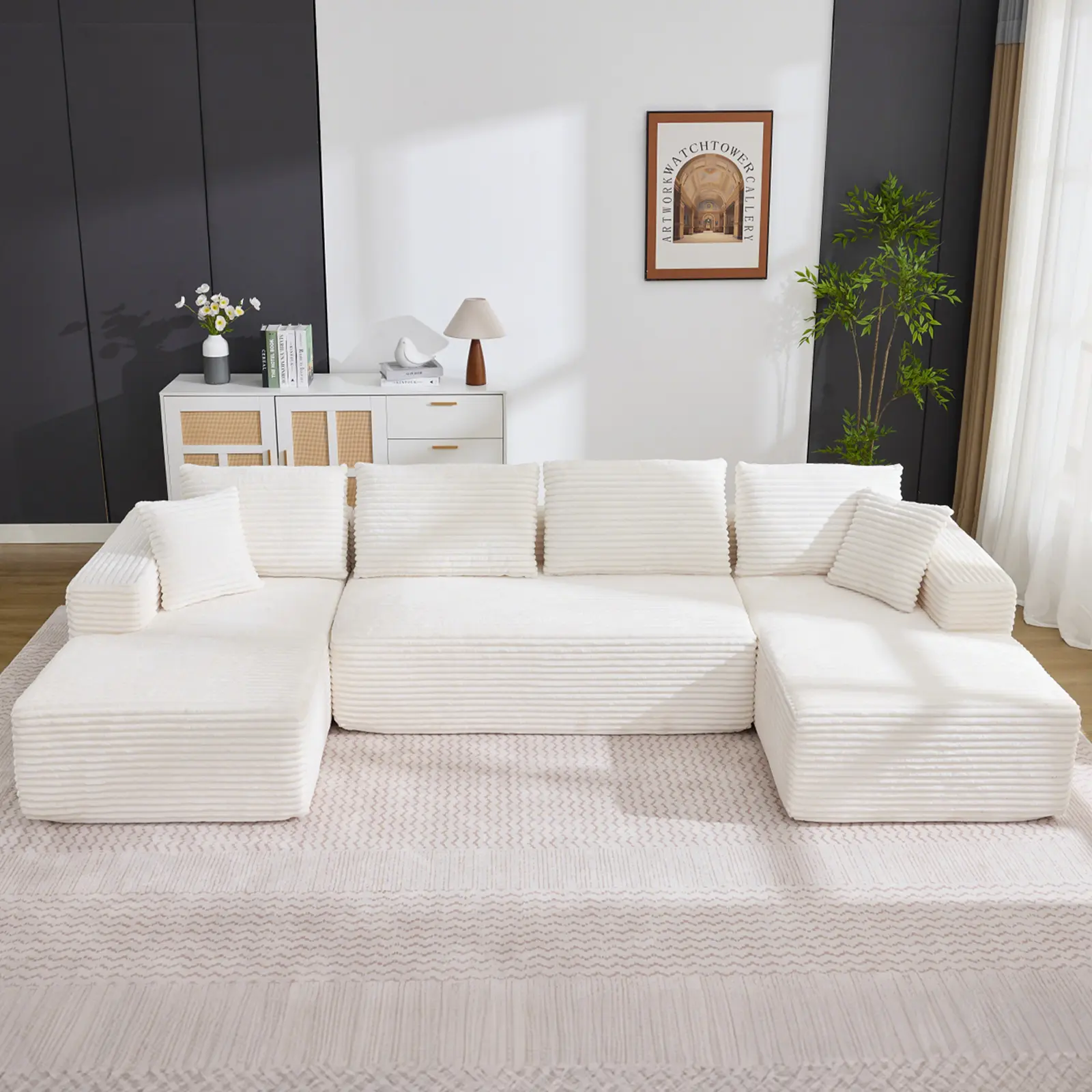 Boneless Couch U Shaped Sectional 130'' Modern Modular Cloud Couch 4-Seat Corduroy Deep Seat Sofa w/ 2 Chaise Lounges & Pillows for Living Room