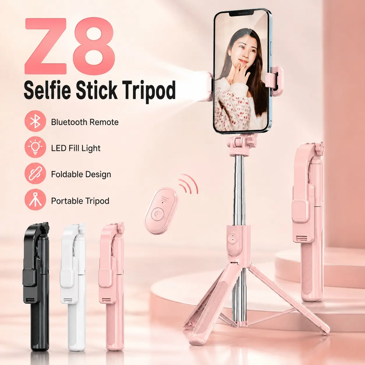 1m Bluetooth-compatible Smartphone Selfie Stick Tripod with Fill Light, Extendable Phone Holder Stand, Portable Selfie Accessory, Ideal for Live Streaming, Vlog, Selfie & Video Recording
