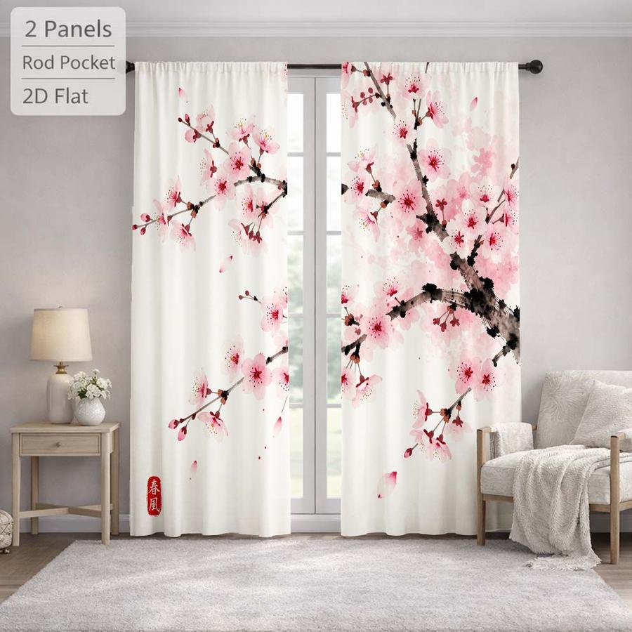 2 Pcs Japanese Style Cherry Blossom Pattern Sun Blocking Curtains Digital Printed Rod Pocket for Bedroom Office Kitchen Living Room Study Home Decor
