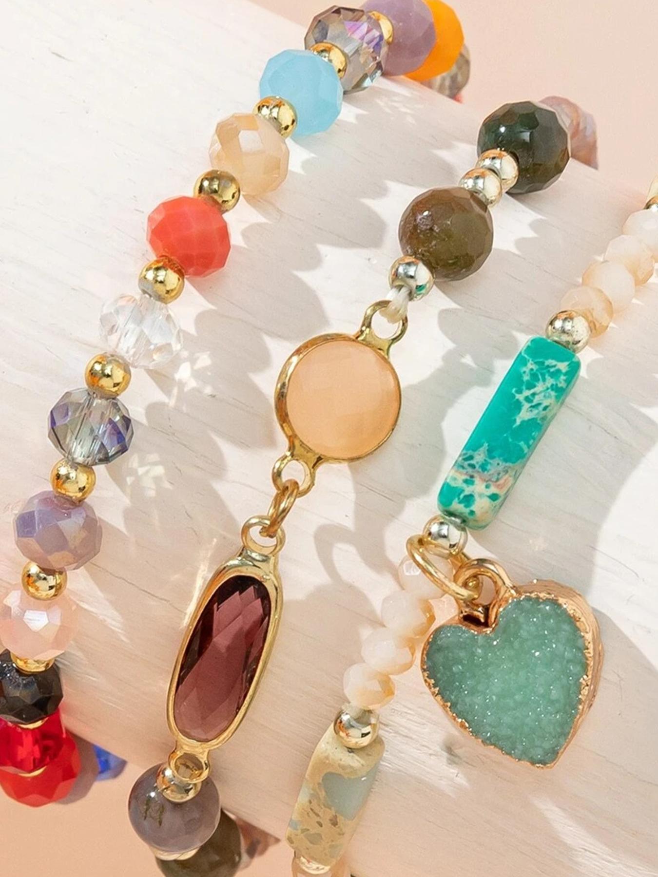 Boho Style Heart Charm Decor Beaded Bracelets, Heart Shaped Bracelet, Heart Design Bracelet, Fashionable Beaded Bracelets for Women & Girls, Trendy All-match & Exquisite Jewelry for Birthday Gift