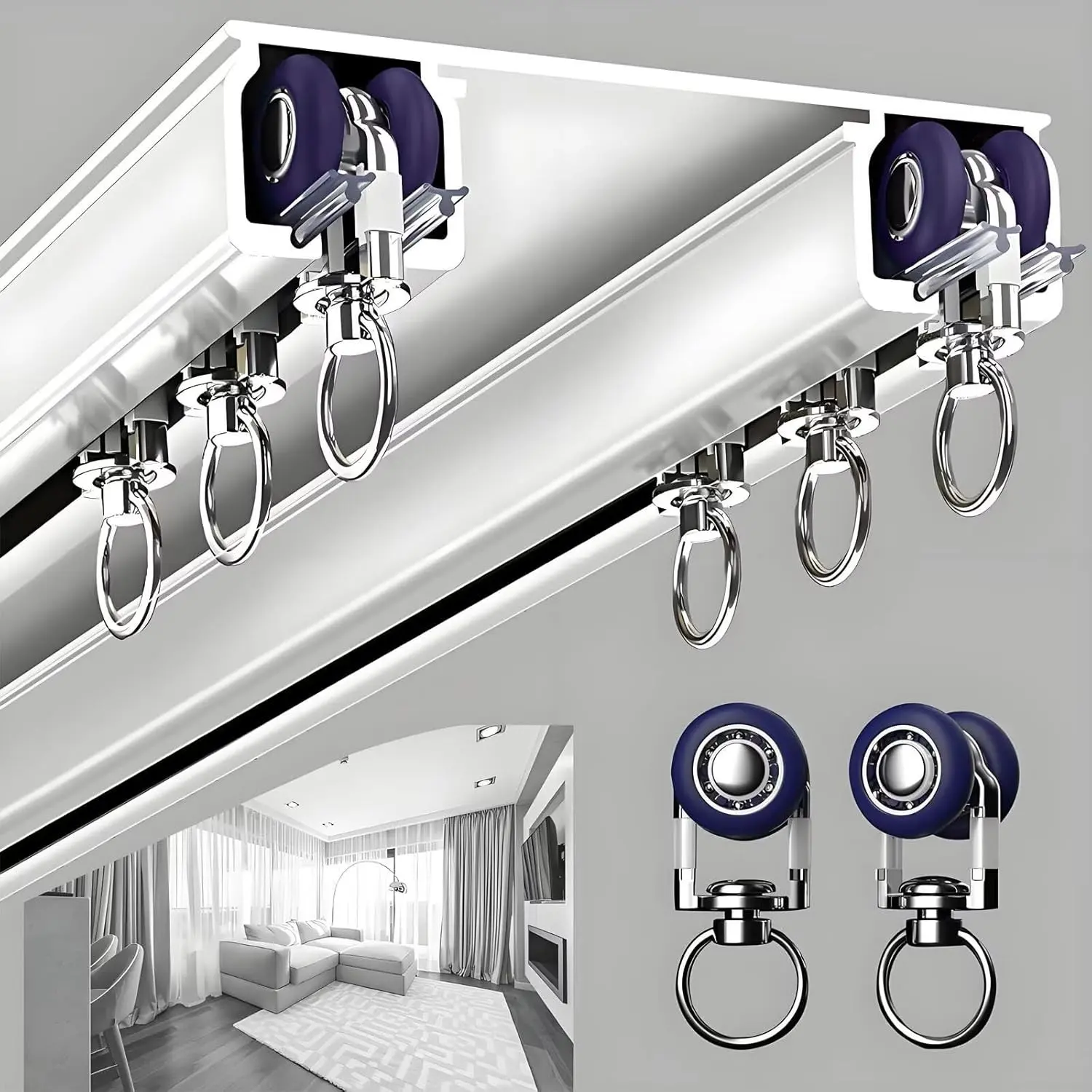 Silent Double Curtain Track Ceiling Mounted Aluminum Room Divider Rails Slider Track System for Hospital Bedroom Kitchen White 1.3m(4.3ft)
