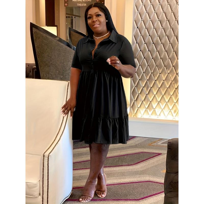 Casual Plus Size Solid Short Sleeve Dress - Ruffle Hem Dress For Spring & Summer Women's Clothing