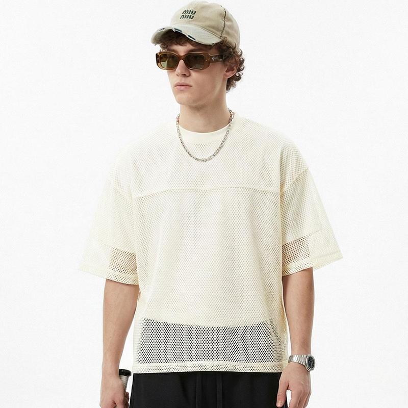 Unisex Boxy Fit Black White Mesh T Shirt for Mens 260G Heavyweight Vintage Streetwear Crop Top Breathable Layering Tee