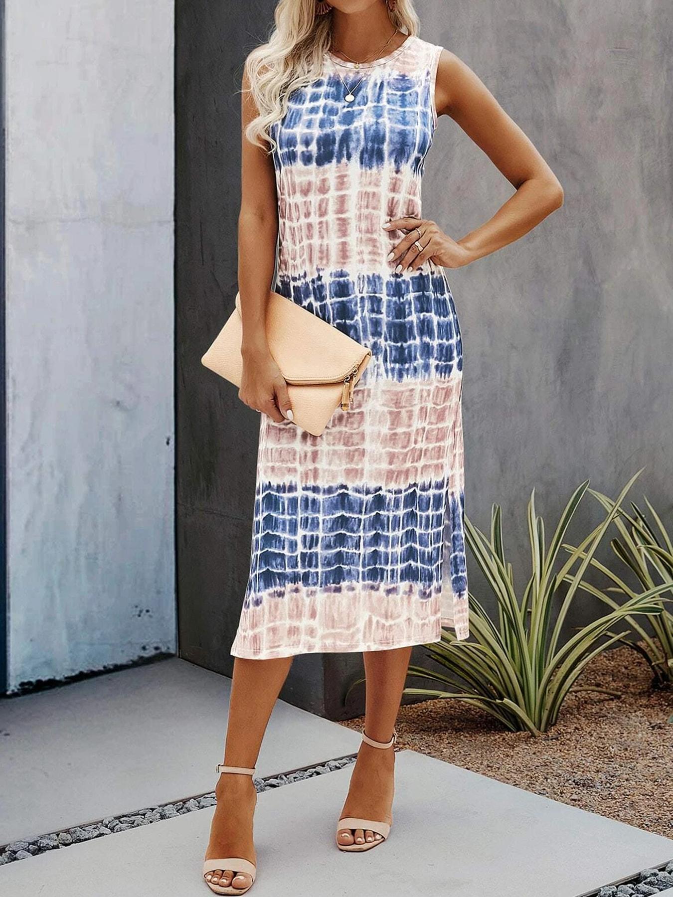 Women's All Over Print Round Neck Tank Dress, Casual Sleeveless Dress for Summer, Ladies Clothes for Daily Wear