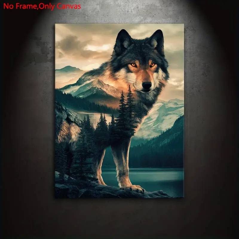 1 Piece/Set Frameless Canvas Painting Print Poster,Classic Pop Modern Natural Nordic Art,Double Exposure Wolf And Mountain Double Exposure,Perfect Gift for Animal Lovers,Ideal Gift for Bedroom,Living Room,Dorm Hallway,Kitchen,Mural,Wall Decor,Room Decor