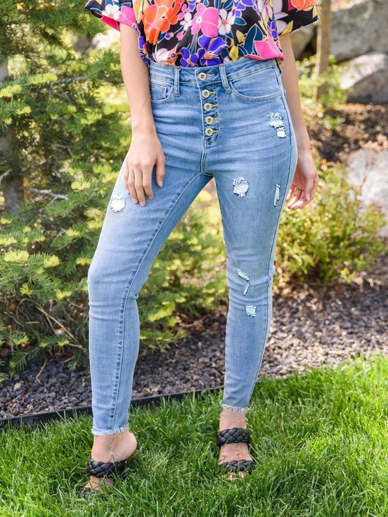 Plus Size Women's Plain Ripped Button Fly Skinny Stretchy Jeans, Fashion Casual Raw Hem Denim Pants for Daily Outdoor Wear, Ladies Bottoms for All Seasons