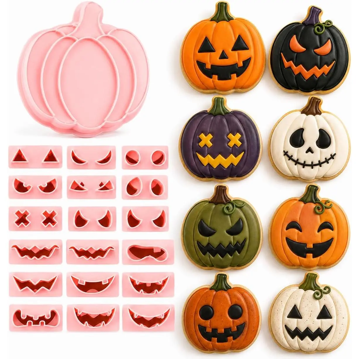 Halloween Cookie Cutters and  Set, 13 Pumpkin Pieces | Plastic pumpkin cutters with replaceable expressions for Halloween cookies and  baking.