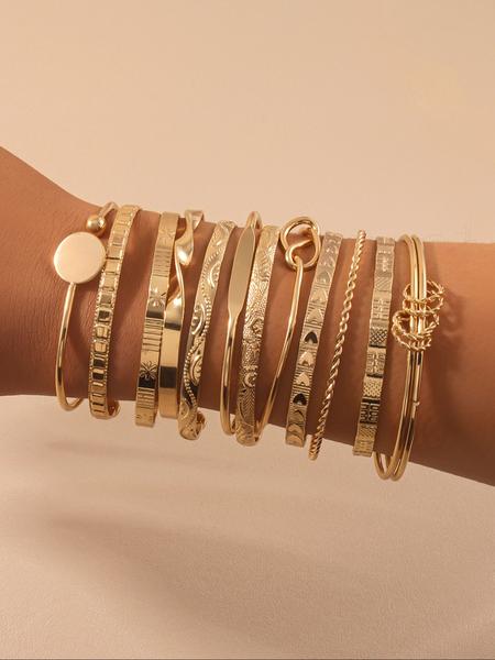 Boho Style Adjustable Metal Bracelet Set for Women, Heart Pattern Texture Design, Ideal Gift for Friends & Family, Stackable Bracelets