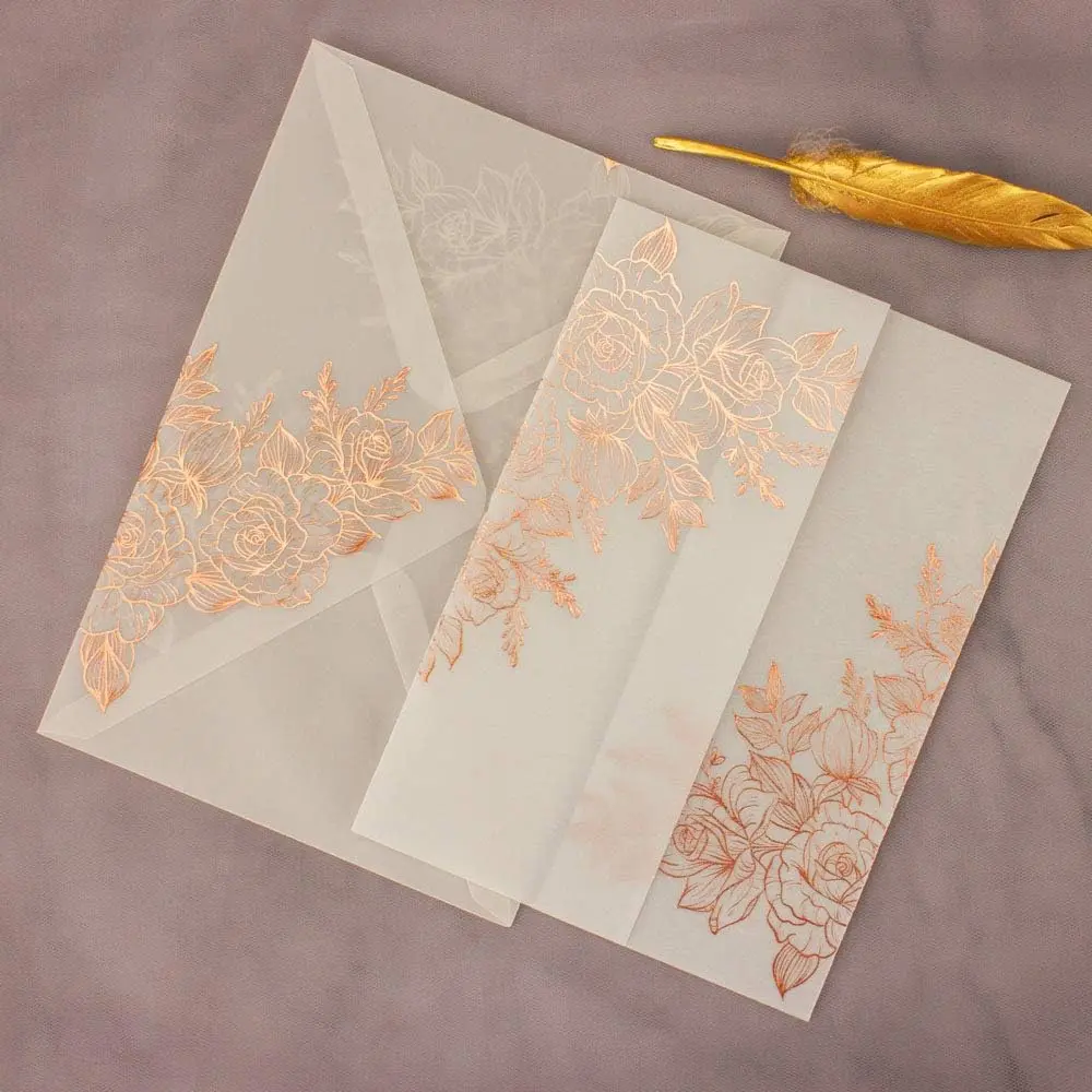 25 sets Rose Glod Foil Floral Embossing Vellum Wedding Invitations Cards with Vellum Envelopes Blank Inner Sheets for Bridal Shower  Shower Party Engagement Anniversary Invite Sweet 16 (rose )