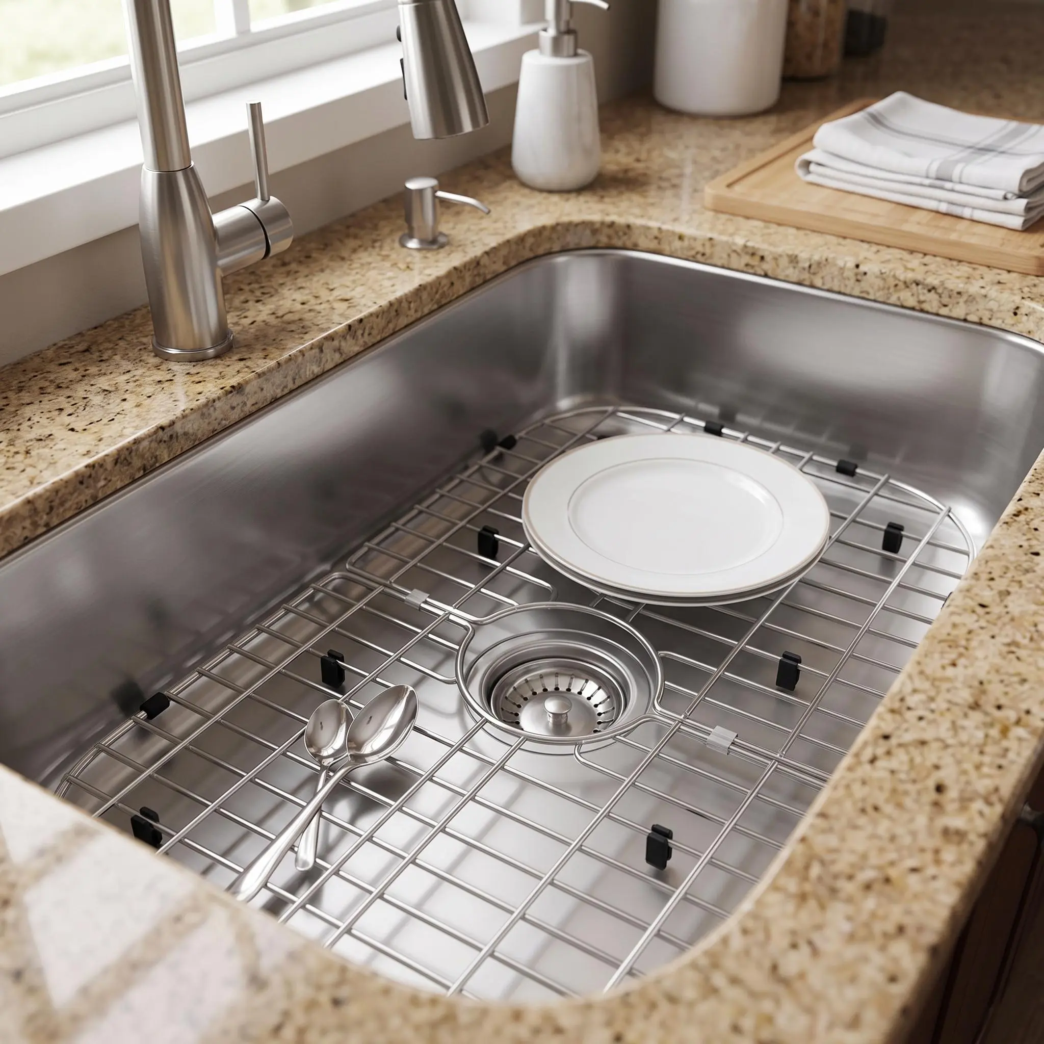 【IdealHouse】 26x14.1 Inch Stainless Steel Sink Protector Grid, Foldable Kitchen Sink Bottom Rack with Center Drain Hole, Soft Rubber Feet & Bumpers, Scratch-Proof Drying Rack for Dishes, Veggies, and Cookware