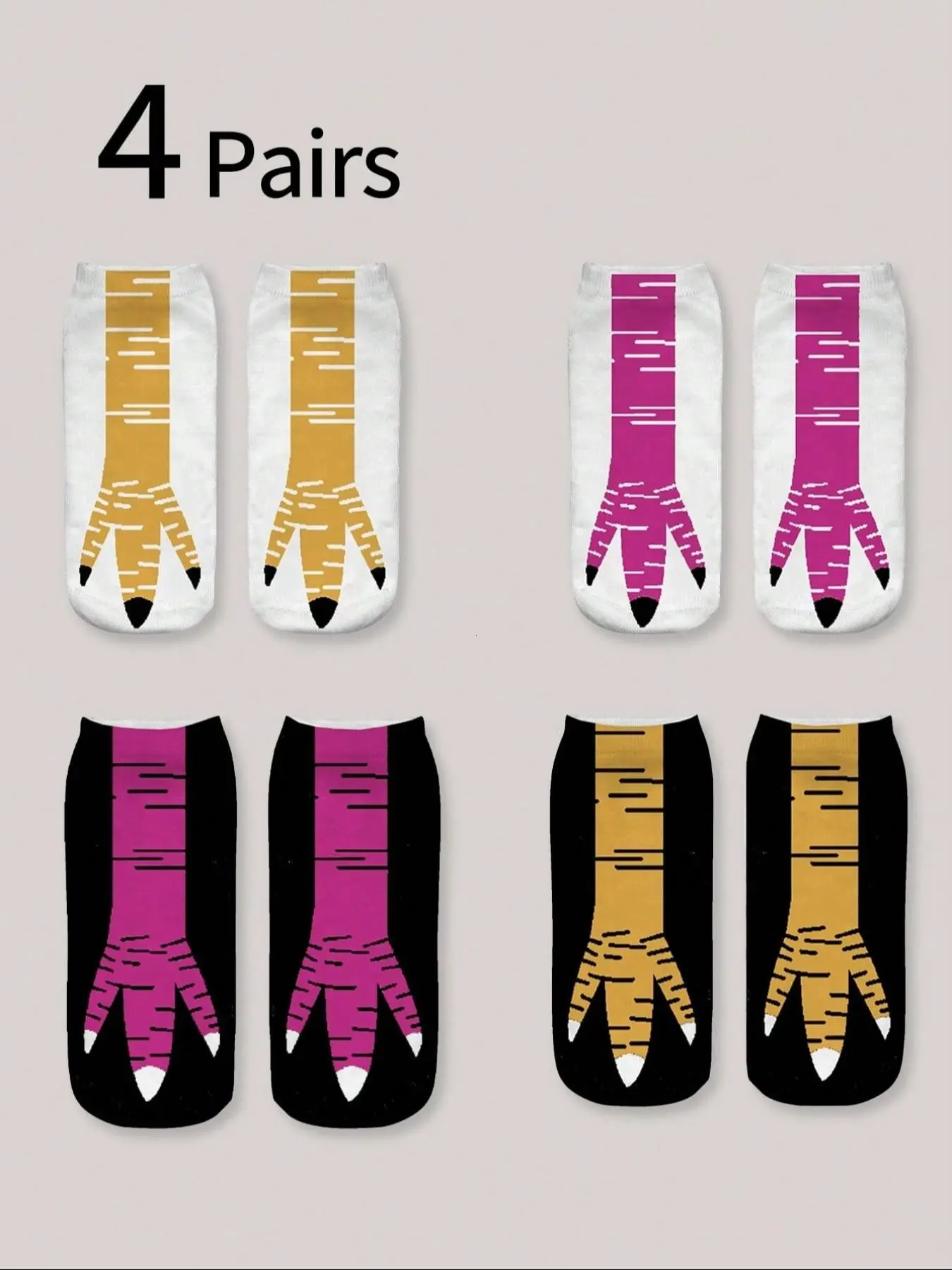 4 Pairs New Chicken Claw 3D Print Socks, Fun and Trendy Style, Short Socks for Kids and Teens, Unique and Funny Design