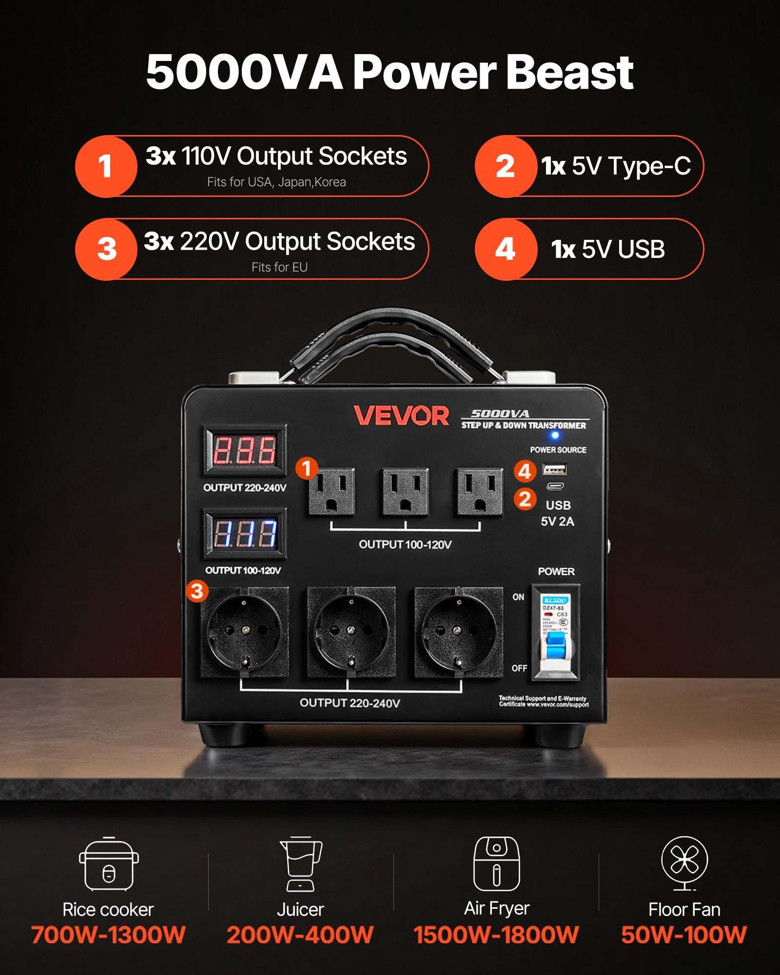 VEVOR Voltage Auto Converter Transformer, 5000VA, Heavy Duty Step Up/Down Power Transformer, 110V to 220V and 220V to 110V, with 3 US Outlets, 3 EU Outlets, LCD Display, Circuit Breaker Protection VEVOR Voltage Auto Converter Transformer, 5000VA, Heavy Duty Step Up/Down Power Transformer, 110V to 220V and 220V to 110V, with 3 US Outlets, 3 EU Outlets, LCD Display, Circuit Breaker Protection