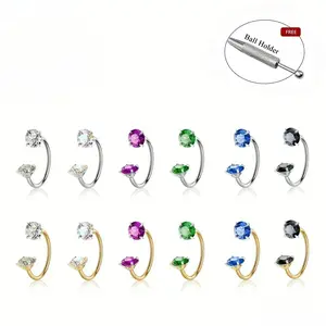 6PCS 316L Medical Titanium Steel Horseshoe Nose Rings18G 1.0mm Horseshoe Nose Hoop Internally Threaded Gems Nose Ring with Free Ball Holder & Guiding Needle