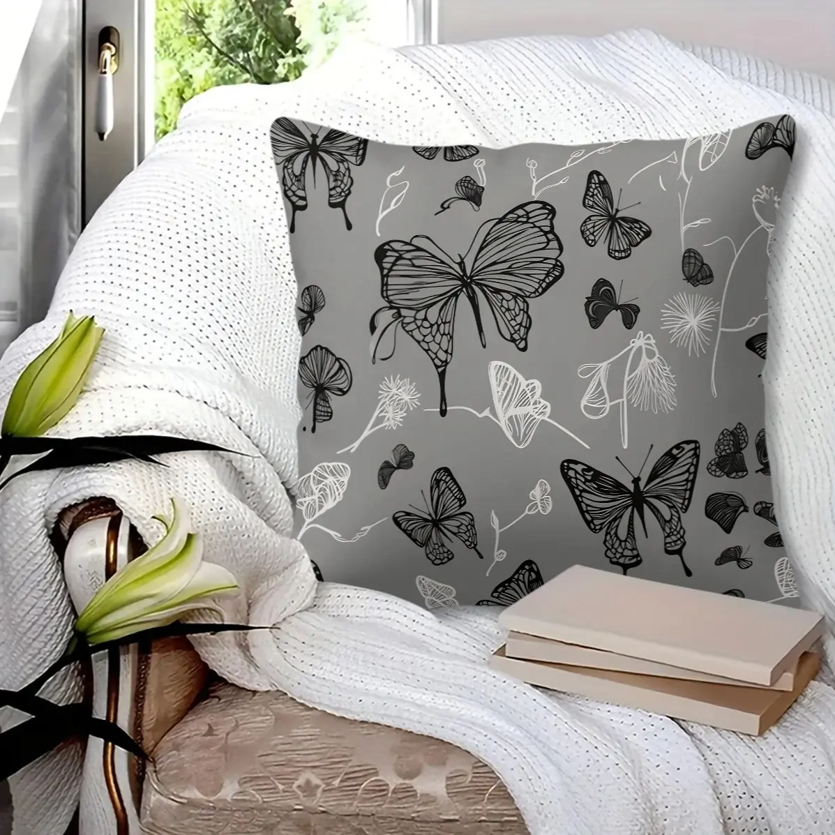 Dreamy Colorful Butterfly Pillow, multi neon rainbow pink gray butterfly prints, fluffy removable cover, girly decor cushion for living room & bedroom (with insert)