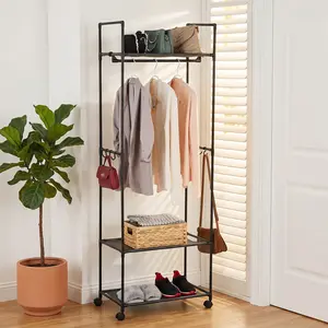 3-in-1 Rolling Garment Rack with Wheels, Black Carbon Steel Portable Closet Wardrobe Rack, Multi-Functional Clothing Rack with Top Bag Shelf, Versatile Clothes & Wardrobe Storage Solution for Bedroom, Entryway