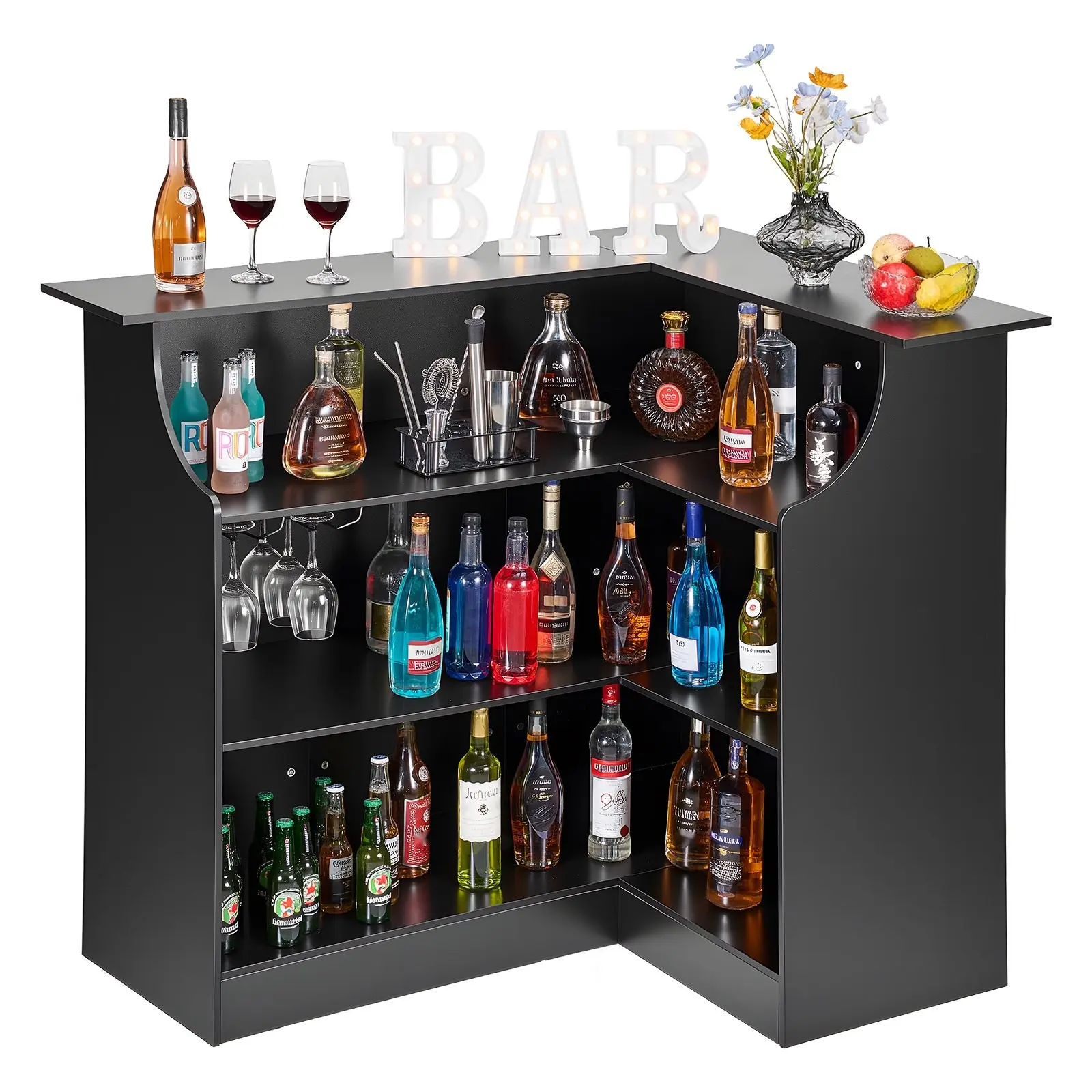 Black L-Shaped Wood Home Bar Cabinet - Single Unit with 4-Tier Storage Shelves, Wine Glass Holder, Built-In Bottle Rack, Sturdy Base, 300lb Capacity for Home, Kitchen