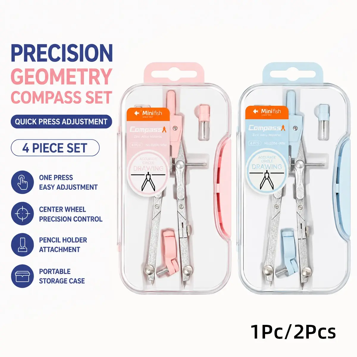 Upgraded Geometry Compass Set 4PCS, Press Button Quick Adjustment Compass, Smooth Precision Circle Drawing Tool, Pencil Holder Design, Portable Storage Case, Perfect Math Class Supply, Back to School Supplies