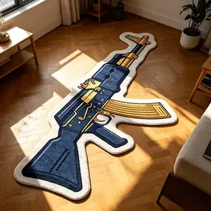 Ak47 Gun Shape Rug, Blue Cartoon Pattern, Thin Velvet Non-Slip, Suitable for Gaming Room, Street Fashion Home Rug, Gaming Area Rug, Room Decor Rug