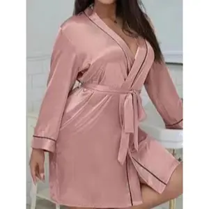 Women's Contrast Binding Belted Kimono Robe, Princess Robe, Dressing Gown for Women, Soft Bride's Robe for Honeymoon Wedding Bridal Party, Women's Sleepwear, Loungewear