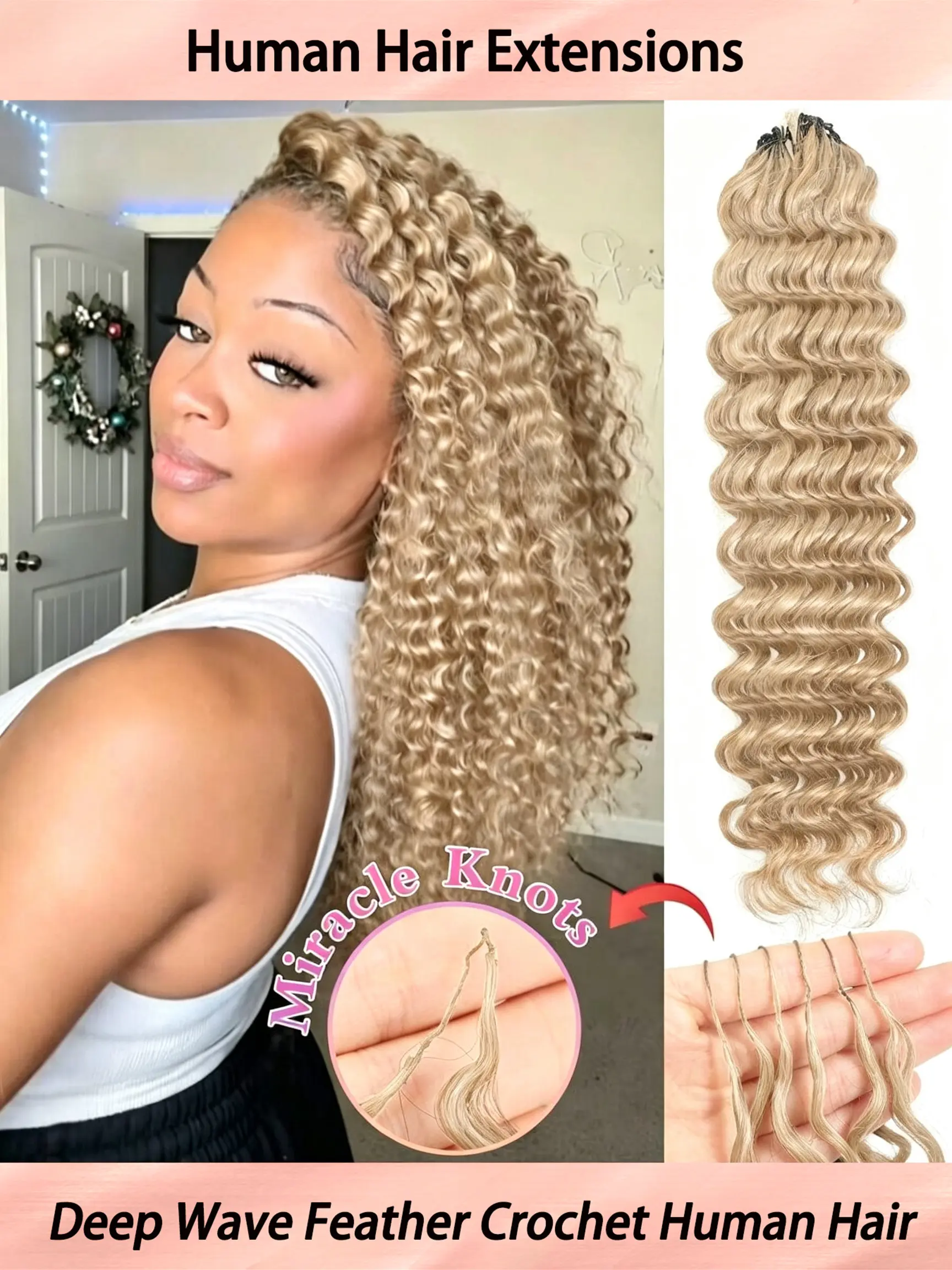 Feather Crochet Human Hair For Women Deep Wave Crochet Human Hair 60g Knotless Pre-Separated Feather Crochet Hair Lightweight Reusable Human Crochet Hair Extension 613 Honey Blonde 18 Inch Deep Wave Extensions