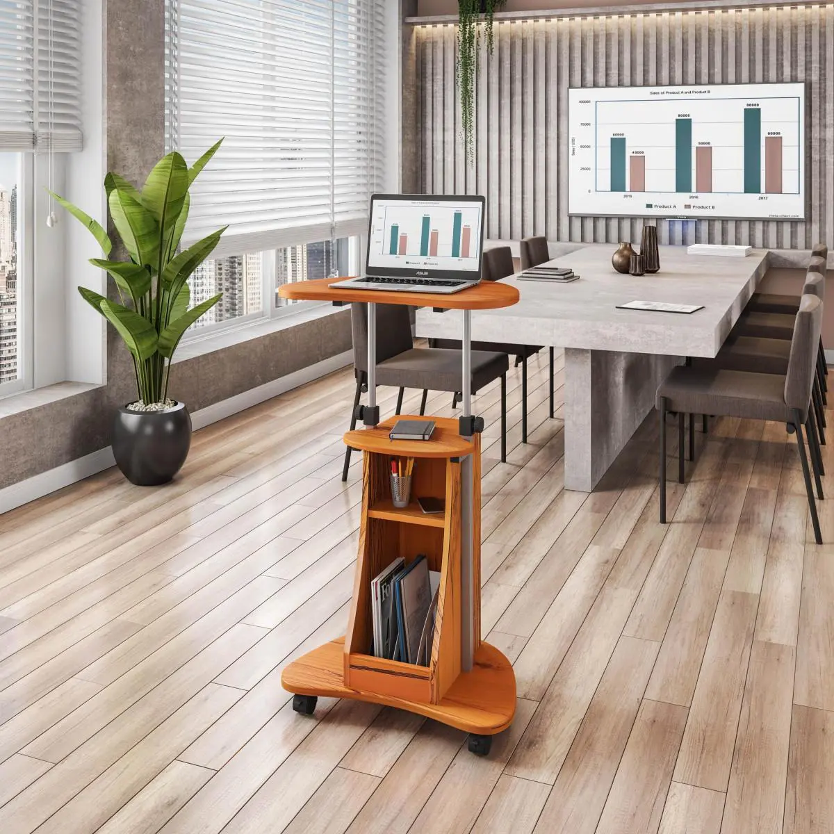 Sit-to-Stand Adjustable Height Rolling Laptop Cart with Woodgrain MDF Panels, Storage Shelves for Office, On-Site Computer Use, Rolling Cart