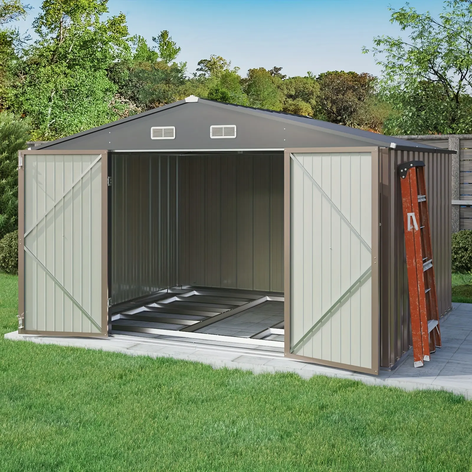 10x8 FT Metal Storage Shed with Floor Frame| Large All Tool Storage, Grey Iron Material, Sloping Roof, Double Lockable Door for Backyard Garden Patio Lawn