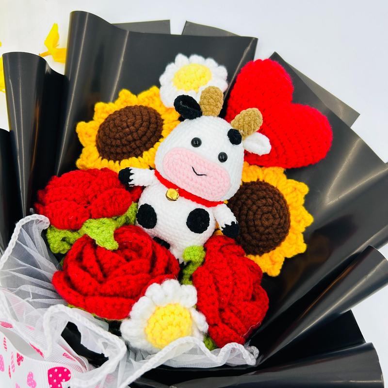 Crochet Sunflower and Cow Plush Bouquet, Handmade Knitted Flower Bouquet, Artificial Faux Rose Bouquet Arrangement, Artificial Flower Arrangements for Home, Party, Wedding, Anniversary and Festival Decor
