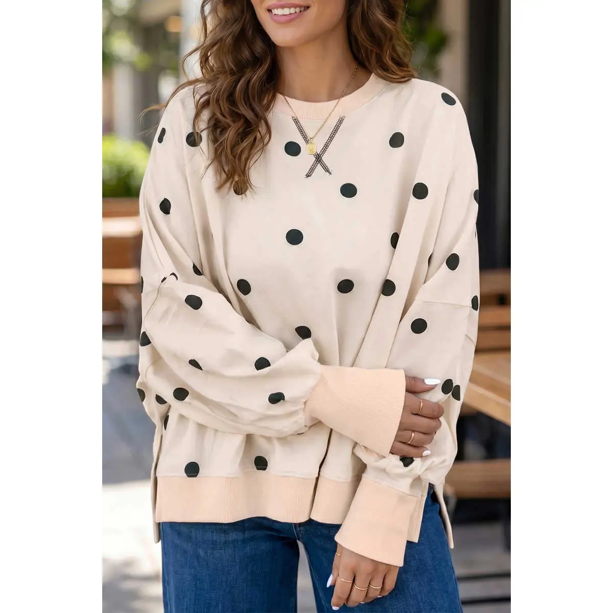 Beige Loose-fit Long Sleeve Round Neck Polka Dot Tunic Sweatshirt
