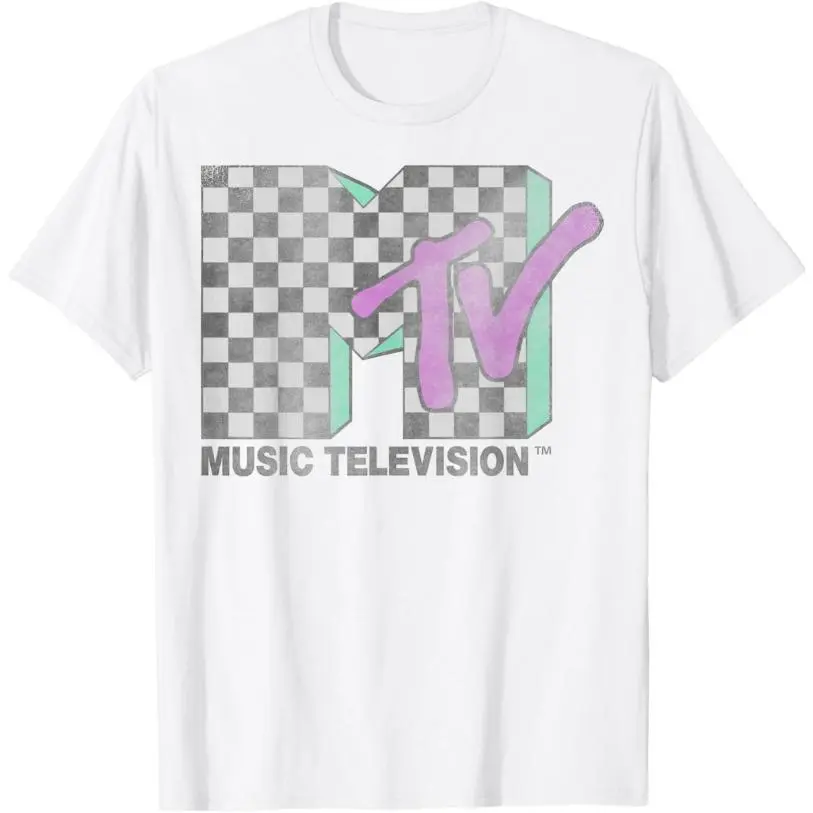 Unisex Cut MTV Checkered Distressed Retro Logo Short-Sleeve Sports Top, Garment, Classic