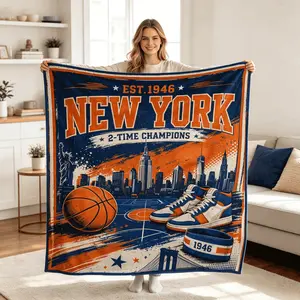 Blankets Vintage New York EST.1946 Basketball City Skyline Flannel Throw Blanket,Retro Soft Fleece Blanket,Classic Orange Blue Sports Man Cave Decor Blanket,Perfect Gift for New York Fans & Basketball Lovers