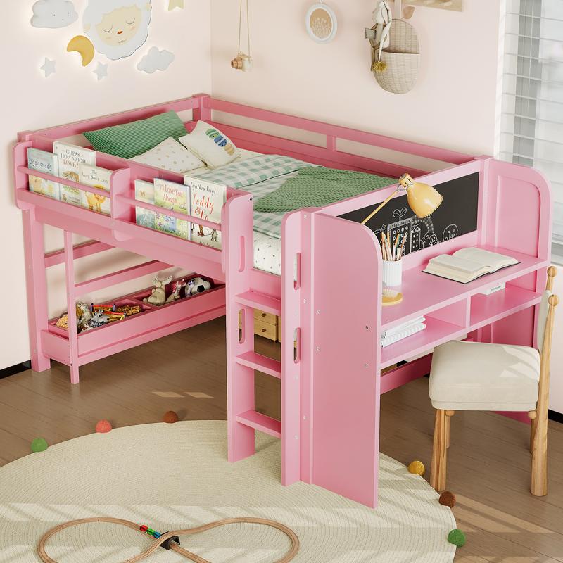 [Bellemave]Twin /Full Loft Bed with Multi-storage Bookcases, Boxes and Drawers, Solid Wood Low Loft Beds with Desk and Blackboard, No Box Spring Needed,  Pink