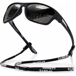 Men's polarized sports sunglasses: UV400 protective glasses, surround driving fishing goggles black frame gold trim