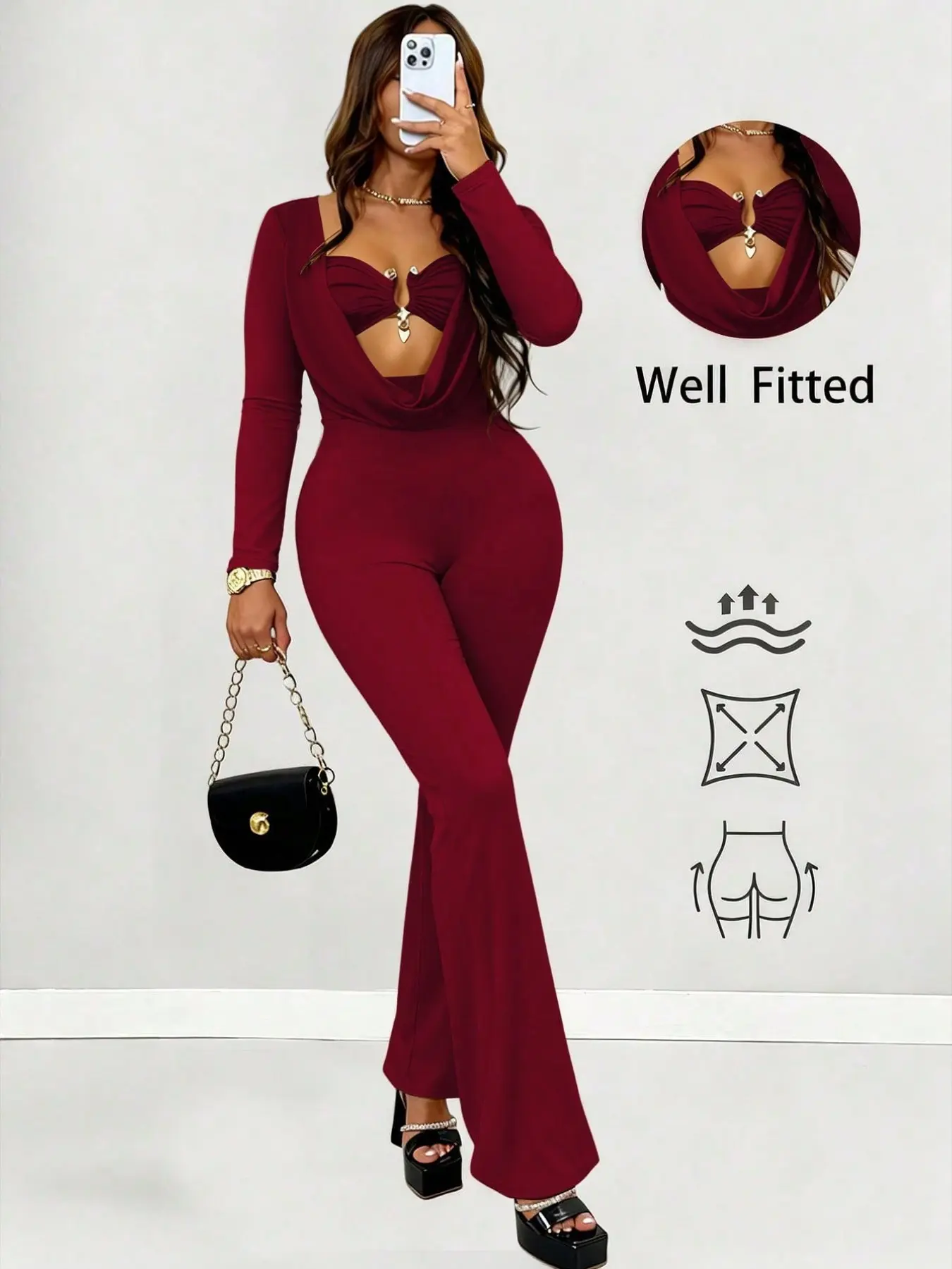 Wine Elastic Jumpsuit, Hollow Out Long Sleeve, Fall & Winter Party Wear, Soft Skin-Friendly, Y2K Style, Daily Outdoor Fashion