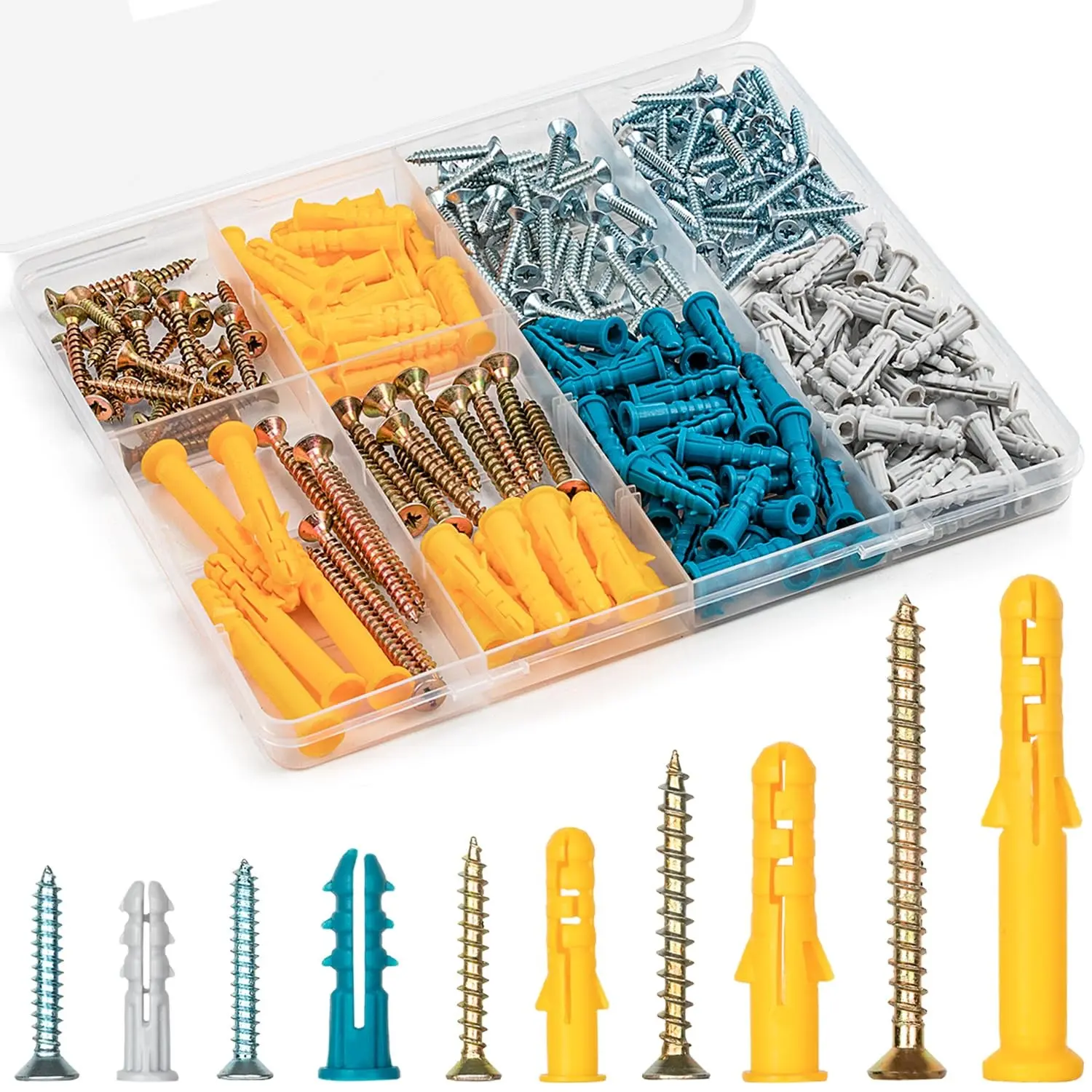 KURUI 270PCS Multi-Size Drywall Anchors & Screws Assorted Kit - 5 Sizes Plastic Anchors, Phillips Flat Head Wood Screws for Wall Decor, Art Hanging, Multi-Size Set