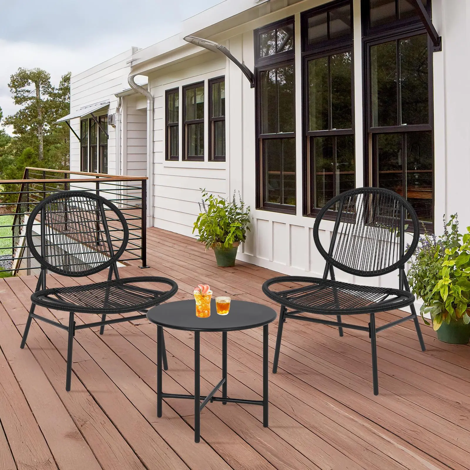 3 Piece Acapulco Outdoor Bistro Set, Handwoven Wicker Patio Chairs with Round Side Table, Weatherproof Rattan Balcony Furniture for Garden Porch Backyard