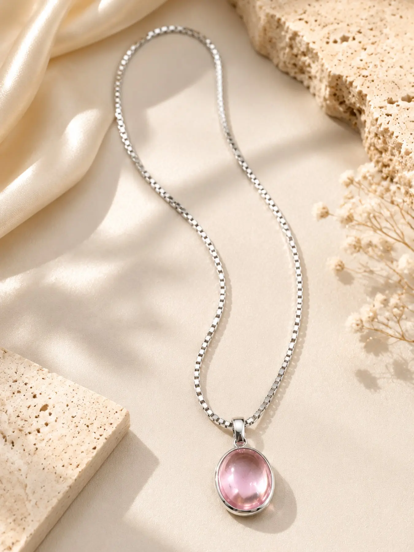 Rose Quartz Dainty Pendant Necklace, Minimalist Elegant Style, Natural Crystal, Silver Color Chain, Jewelry Gift for Women, All Seasons