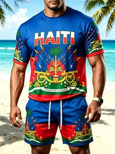 Men's Haitian Style Graphic T-Shirt Set, Summer Beach Sports Wear, Fashion Trendy Casual Two-Piece, Loose-Fitting, No Collar