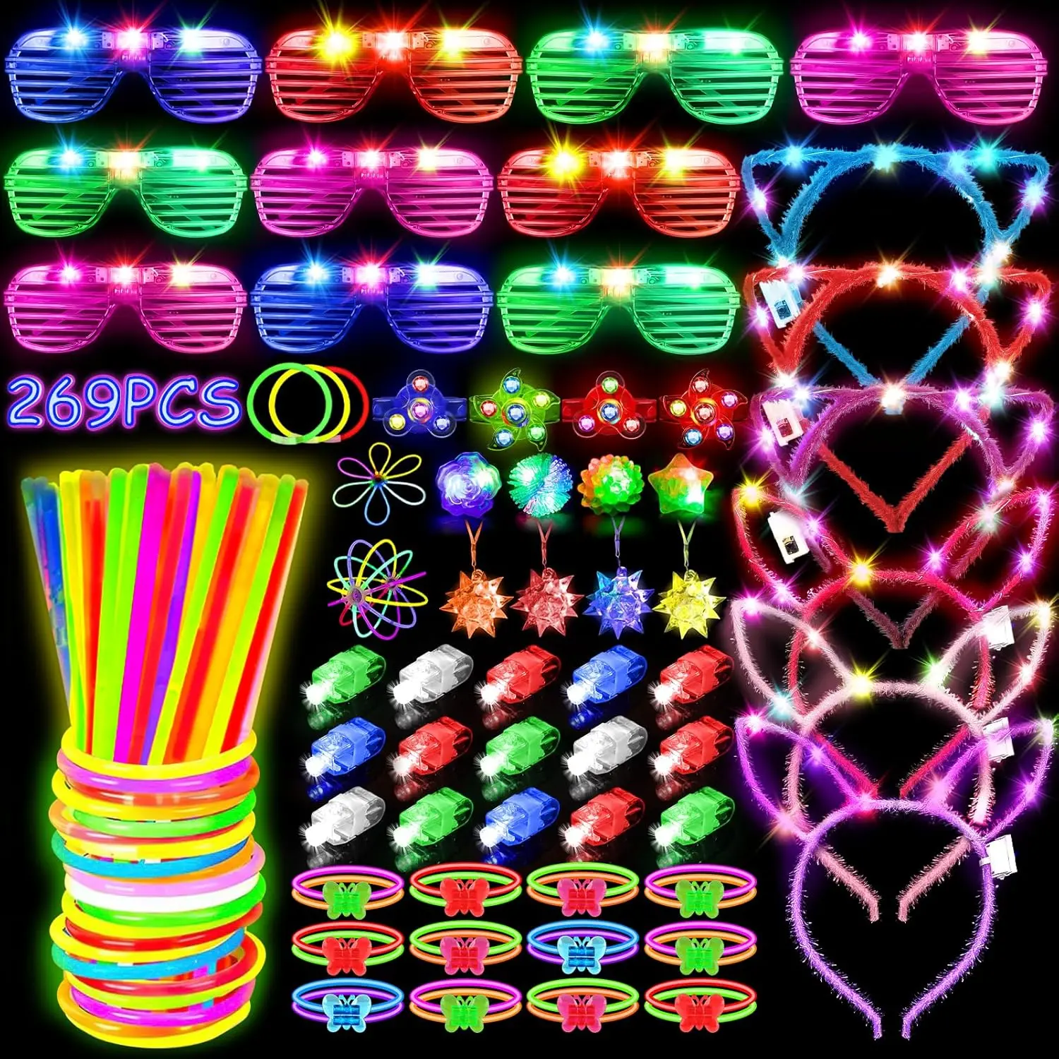 269Pcs Led Light Up Toys Party Favors Glow in the Dark Party Supplies for Kid/Adults with Light Up Glasses,Headband,Rings,Bracelets,100 Glow Sticks Bulk Party Pack DIY Glow Neon Party Suppliesfidget toys