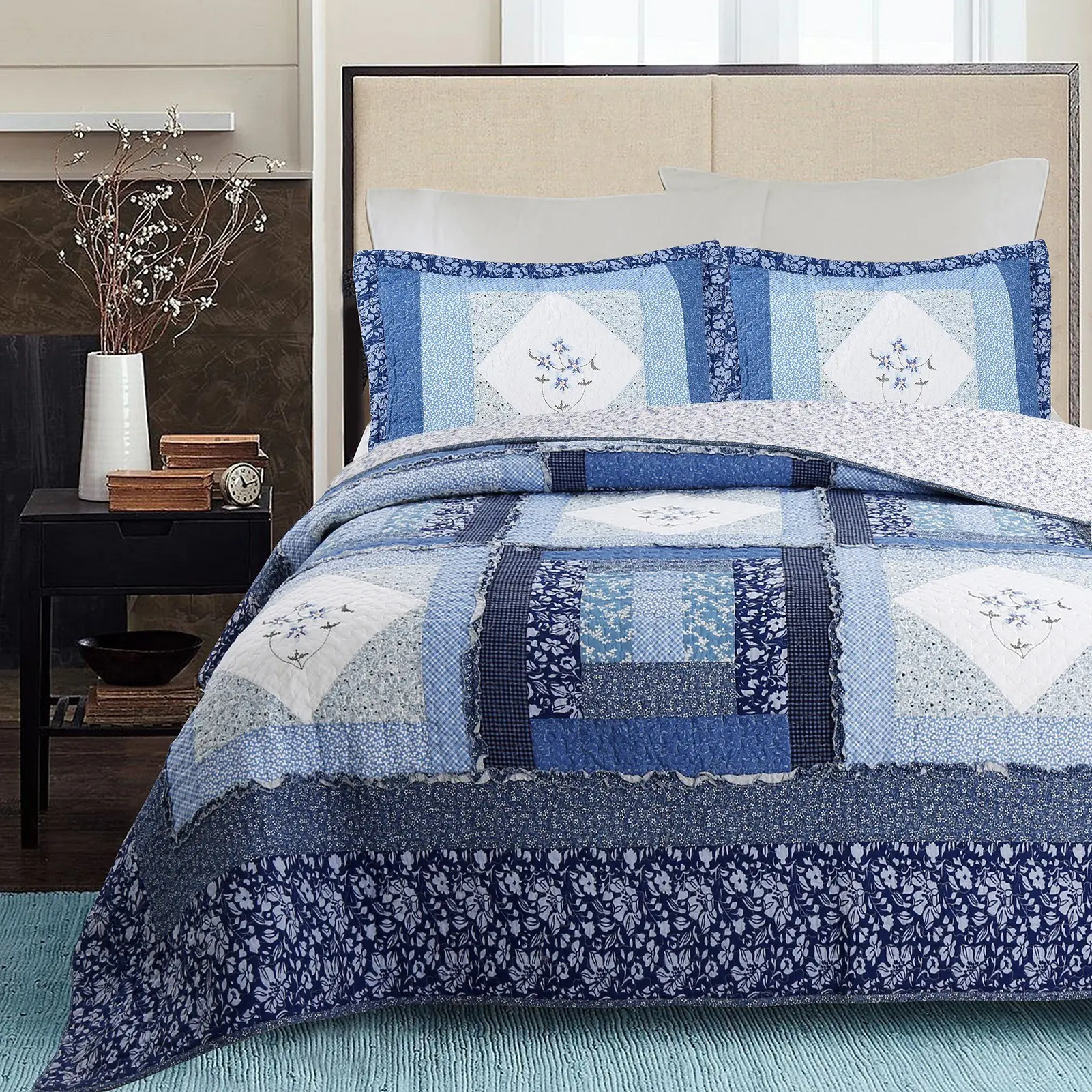 3pc 100 Cotton Hand Pieced Patchwork Vintage Navy Floral Quilt Bedding Set, Lightweight Bedspread Coverlet for All Seasons