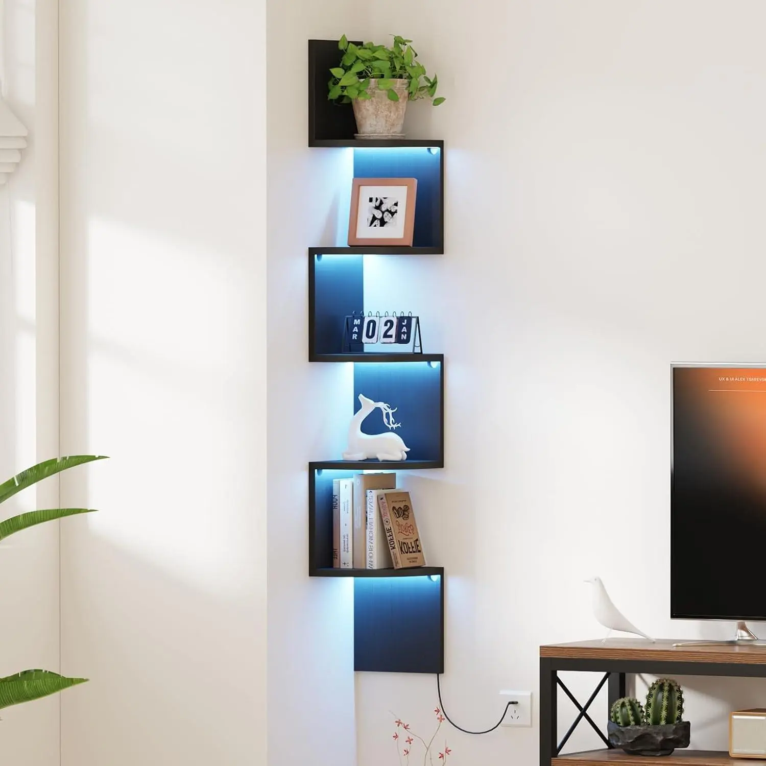 5-Tier Corner Shelf with LED, 49" Floating Wall Shelf, Black | RGB 22 Modes 6 Brightness With Remote. L-shaped Staggered Design. Scratch-resistant Laminated Surface. 15-min Assembly