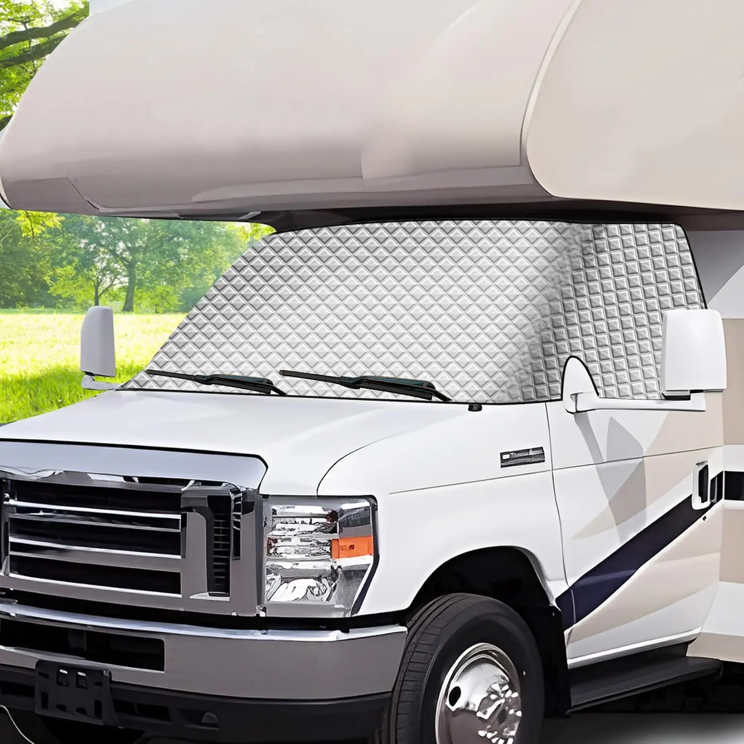 RV Windshield Cover Compatible with  E450 Class C 1997-2025 RV Front Window 4 Layers Class C Motorhome Cover 27 Foot Temperature Control Sunshade/Snow Cover Upgraded